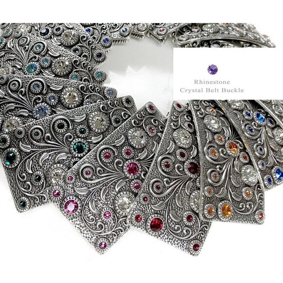 Women\'s Brass Crystal 1 Rhinestone Crystal Antique Rectangle Floral Belt Buckle main image 6